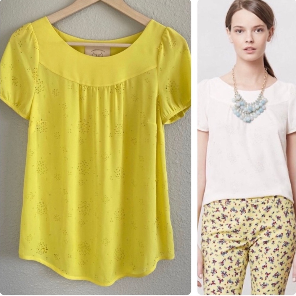 Anthropologie Vanessa Virginia Yellow Laser Cut Short Sleeve Top Size 12